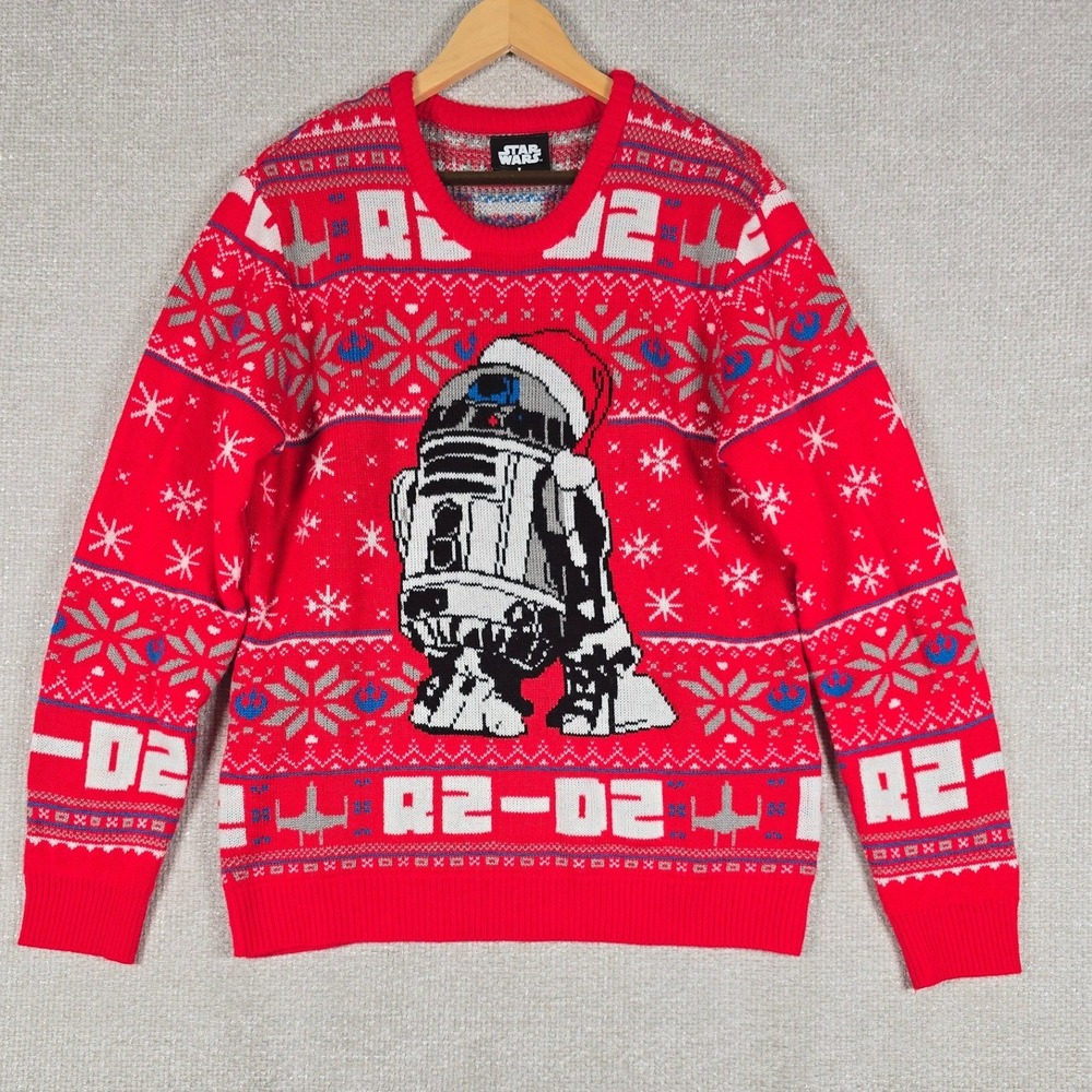 Star Wars Mens‎ R2-D2 Ugly Christmas Sweater Red Fair Isle Knit Pullover Large